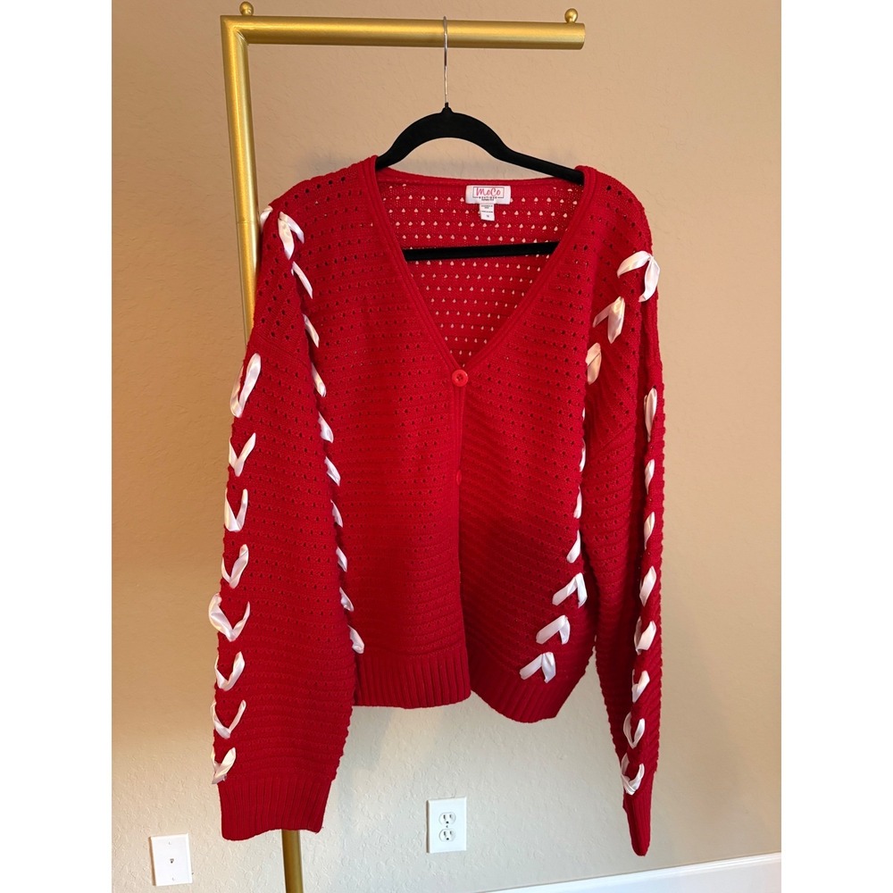 MoCo Boutique Red Ribbon Lace Up Sleeve Cardigan Womens 1X Festive Holiday Chic